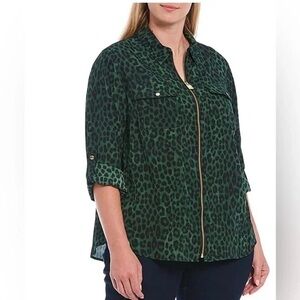 Women’s Michael Kors Green Leopard Print Zip-Up Blouse– Size XL